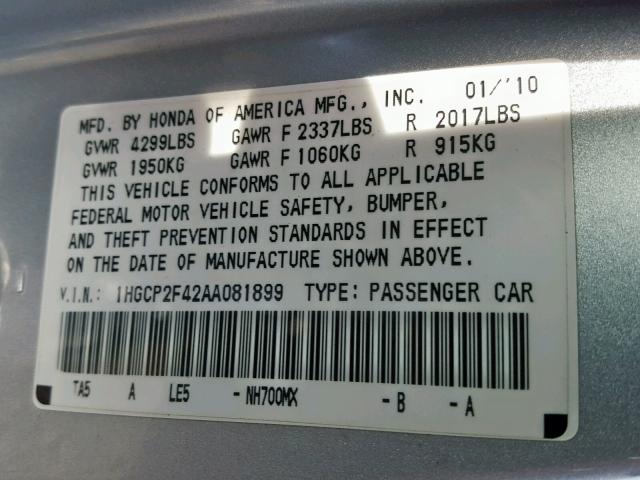 1HGCP2F42AA081899 - 2010 HONDA ACCORD LXP SILVER photo 10