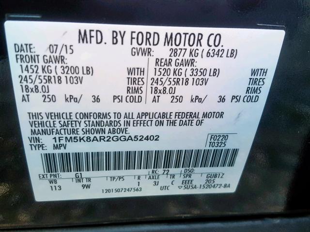 1FM5K8AR2GGA52402 - 2016 FORD EXPLORER P BLACK photo 10