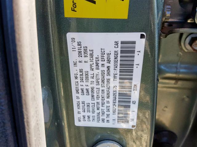 1HGCP2F83AA053175 - 2010 HONDA ACCORD EXL GREEN photo 10