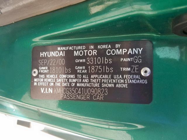 KMHCG35C41U090823 - 2001 HYUNDAI ACCENT GS GREEN photo 10