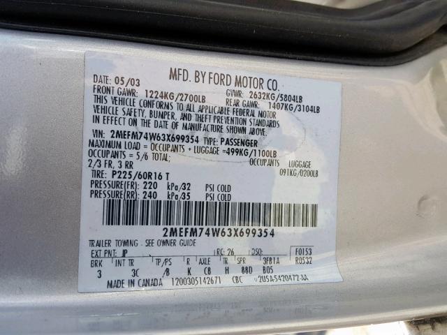 2MEFM74W63X699354 - 2003 MERCURY GRAND MARQ SILVER photo 10