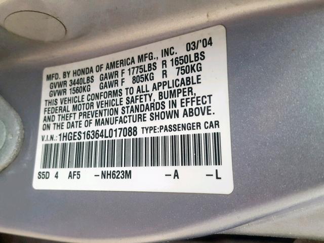 1HGES16364L017088 - 2004 HONDA CIVIC DX V SILVER photo 10