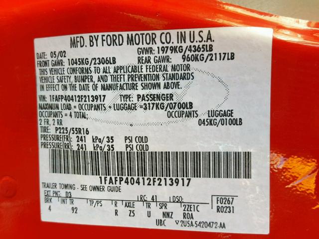 1FAFP40412F213917 - 2002 FORD MUSTANG RED photo 10