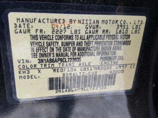 3N1AB6AP9CL723935 - 2012 NISSAN SENTRA 2.0 BLACK photo 10