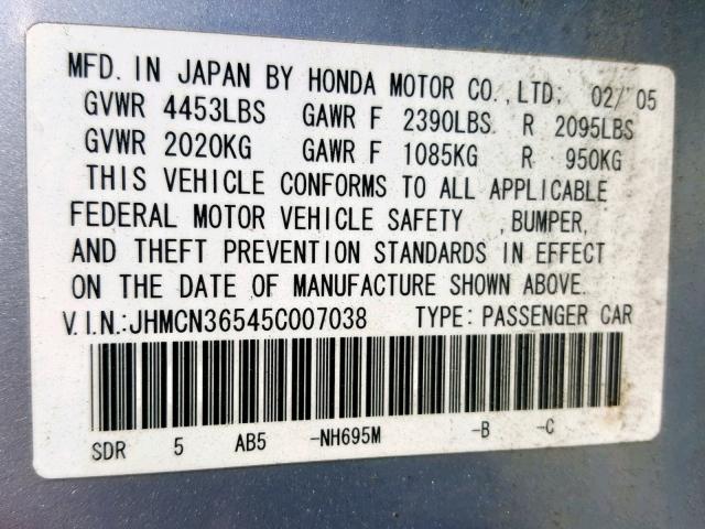 JHMCN36545C007038 - 2005 HONDA ACCORD HYB SILVER photo 10