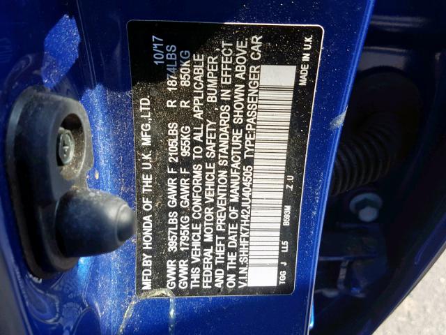 SHHFK7H42JU404505 - 2018 HONDA CIVIC SPOR BLUE photo 10