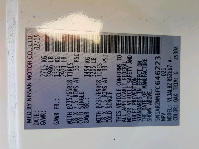 5N1AR2MN6FC646223 - 2015 NISSAN PATHFINDER WHITE photo 10