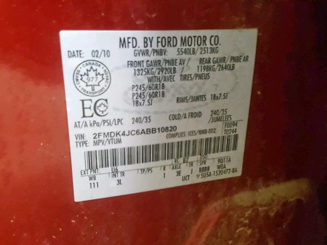 2FMDK4JC6ABB10820 - 2010 FORD EDGE SEL RED photo 10