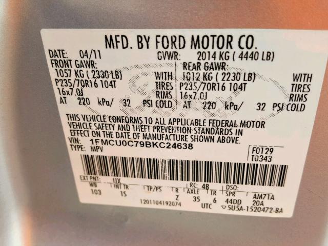 1FMCU0C79BKC24638 - 2011 FORD ESCAPE XLS SILVER photo 10