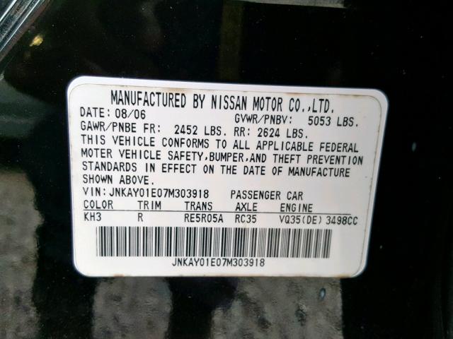 JNKAY01E07M303918 - 2007 INFINITI M35 BASE BLACK photo 10