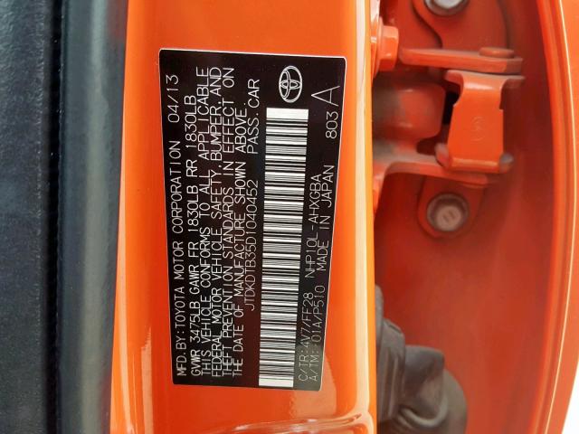 JTDKDTB35D1040452 - 2013 TOYOTA PRIUS C ORANGE photo 10