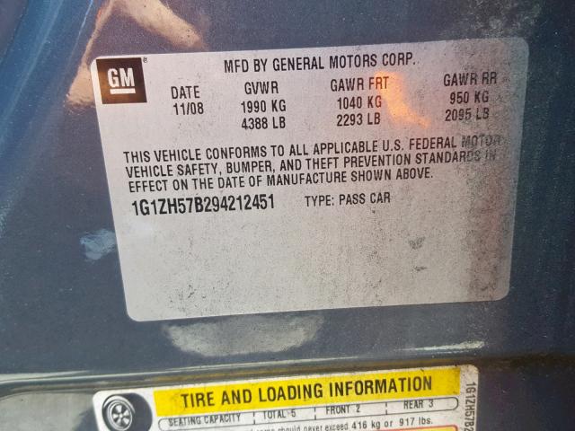 1G1ZH57B294212451 - 2009 CHEVROLET MALIBU 1LT GRAY photo 10