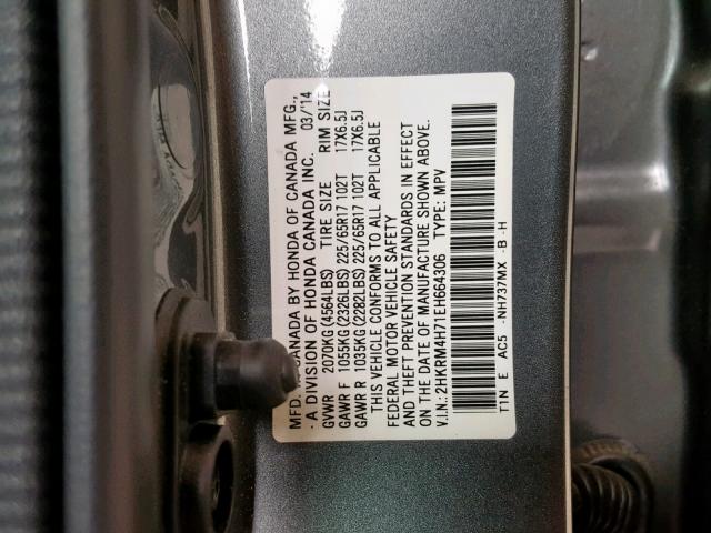 2HKRM4H71EH664306 - 2014 HONDA CR-V EXL GRAY photo 10