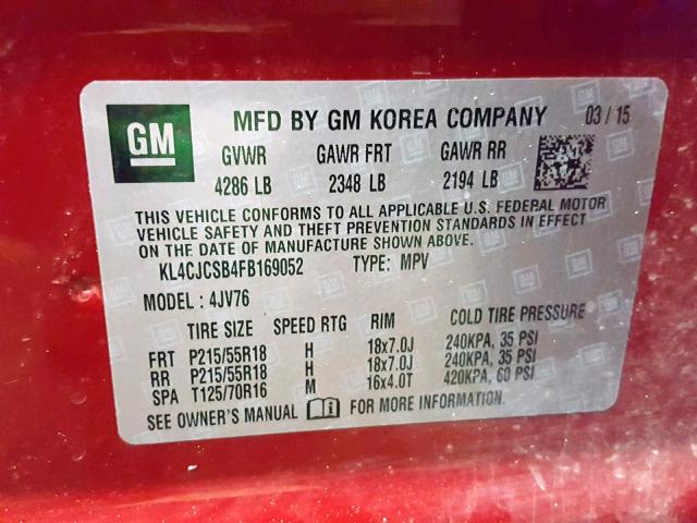 KL4CJCSB4FB169052 - 2015 BUICK ENCORE RED photo 10