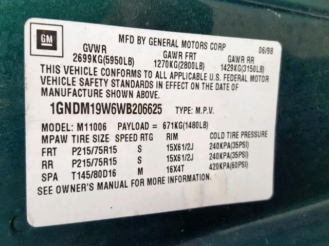 1GNDM19W6WB206625 - 1998 CHEVROLET ASTRO GREEN photo 10