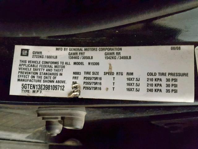 5GTEN13E398109712 - 2009 HUMMER H3 BLACK photo 10