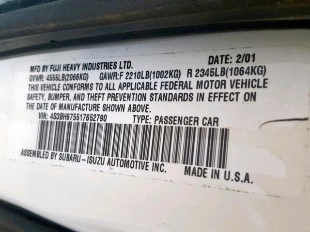 4S3BH675517652790 - 2001 SUBARU LEGACY OUT WHITE photo 10