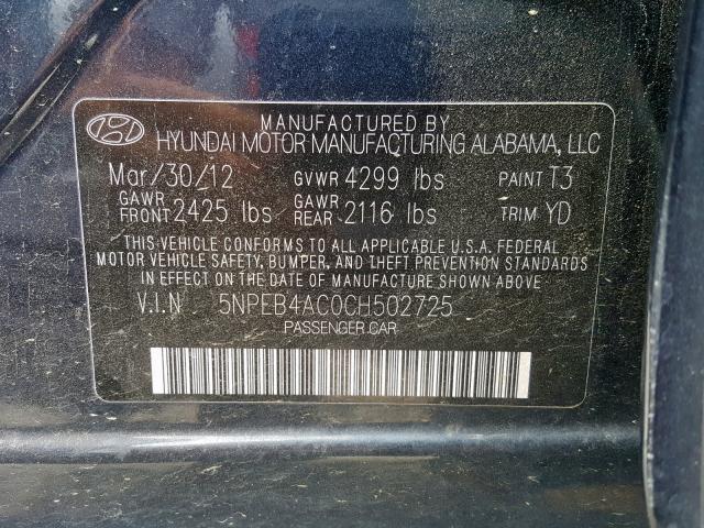 5NPEB4AC0CH502725 - 2012 HYUNDAI SONATA GLS BLACK photo 10