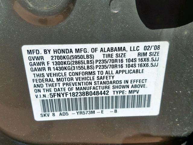 5FNYF18238B048442 - 2008 HONDA PILOT VP GRAY photo 10