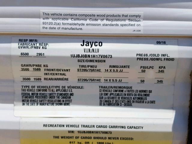 1UJBJ0BN1H17V0673 - 2017 JAYCO JAYFLIGHT  WHITE photo 10