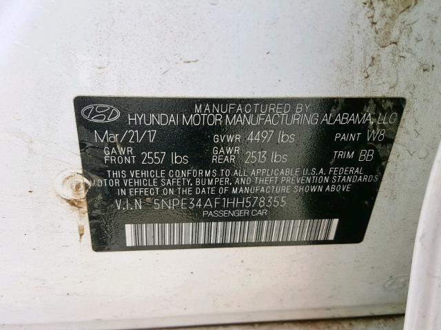 5NPE34AF1HH578355 - 2017 HYUNDAI SONATA SPO WHITE photo 10