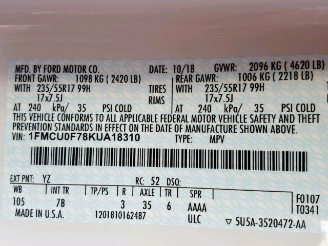 1FMCU0F78KUA18310 - 2019 FORD ESCAPE S WHITE photo 10