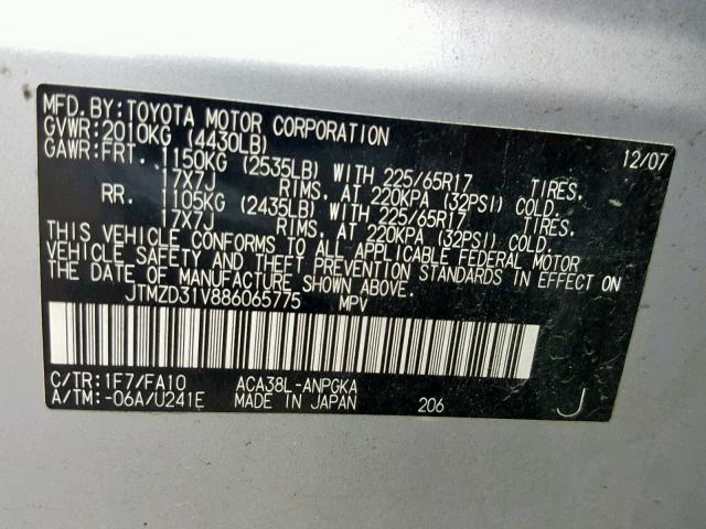 JTMZD31V886065775 - 2008 TOYOTA RAV4 LIMIT SILVER photo 10