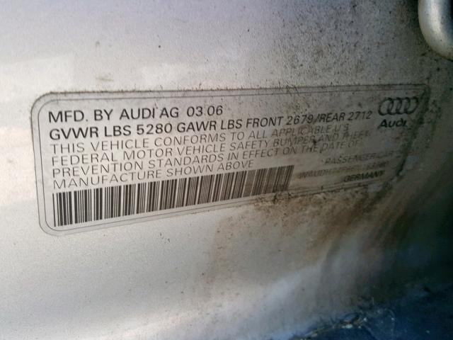 WAUDH74F66N163780 - 2006 AUDI A6 3.2 QUA SILVER photo 10