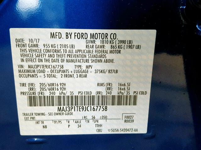 MAJ3P1TE9JC167758 - 2018 FORD ECOSPORT S BLUE photo 10