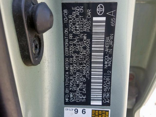 JTDKB20U397849934 - 2009 TOYOTA PRIUS GREEN photo 10