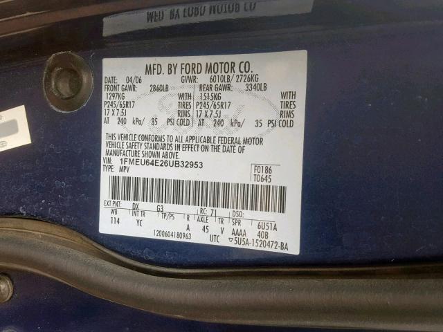 1FMEU64E26UB32953 - 2006 FORD EXPLORER E BLUE photo 10