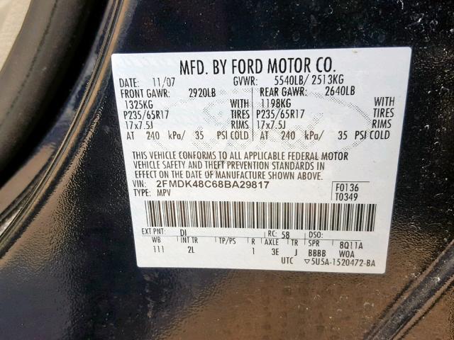 2FMDK48C68BA29817 - 2008 FORD EDGE SEL BLUE photo 10