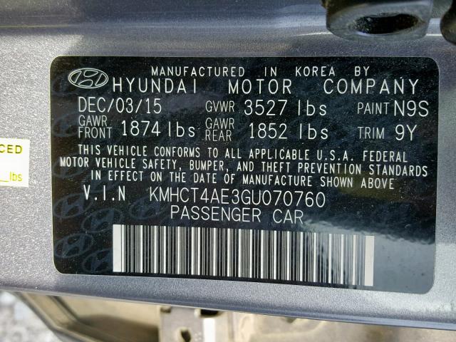 KMHCT4AE3GU070760 - 2016 HYUNDAI ACCENT SE GRAY photo 10