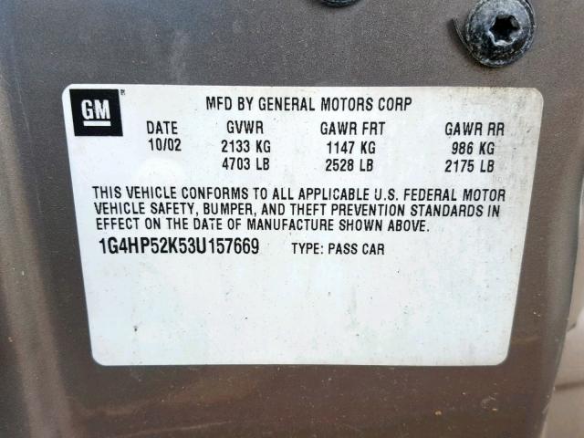 1G4HP52K53U157669 - 2003 BUICK LESABRE CU BEIGE photo 10