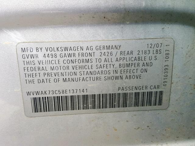 WVWAK73C58E137141 - 2008 VOLKSWAGEN PASSAT KOM SILVER photo 10