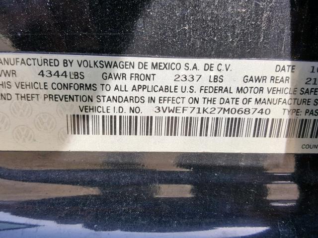 3VWEF71K27M068740 - 2007 VOLKSWAGEN JETTA WOLF BLACK photo 10