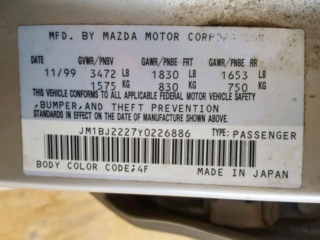 JM1BJ2227Y0226886 - 2000 MAZDA PROTEGE DX TAN photo 10