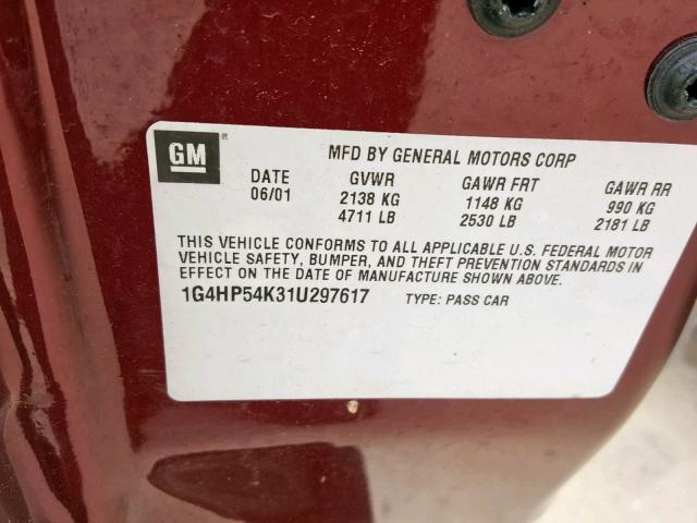 1G4HP54K31U297617 - 2001 BUICK LESABRE CU RED photo 10