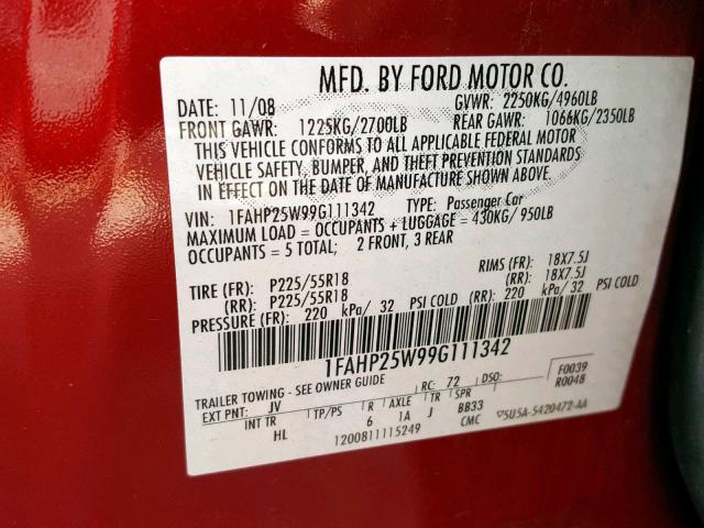 1FAHP25W99G111342 - 2009 FORD TAURUS LIM RED photo 10