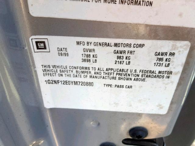 1G2NF12E0YM720880 - 2000 PONTIAC GRAND AM S SILVER photo 10