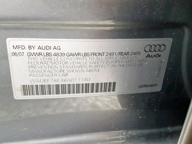 WAUEF78E38A011140 - 2008 AUDI A4 S-LINE GRAY photo 10