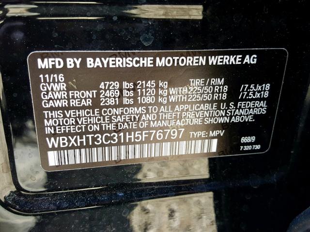 WBXHT3C31H5F76797 - 2017 BMW X1 XDRIVE2 BLACK photo 10