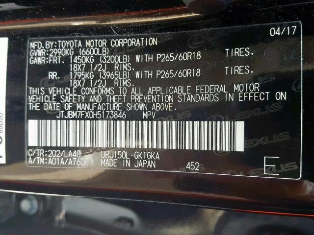 JTJBM7FX0H5173846 - 2017 LEXUS GX BLACK photo 10