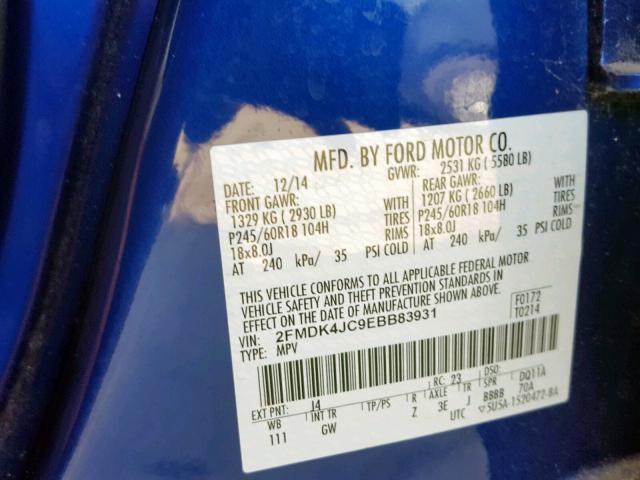 2FMDK4JC9EBB83931 - 2014 FORD EDGE SEL BLUE photo 10