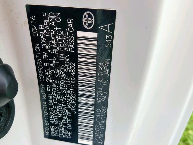 JTKJF5C71GJ024832 - 2016 TOYOTA SCION TC თეთრი ფოტო 10