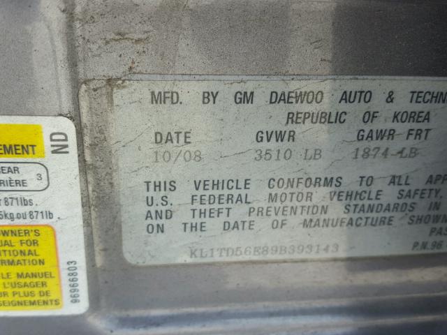 KL1TD56E89B393143 - 2009 CHEVROLET AVEO LS SILVER photo 10