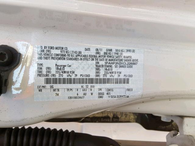 1FAHP3N2XCL226887 - 2012 FORD FOCUS TITA WHITE photo 10