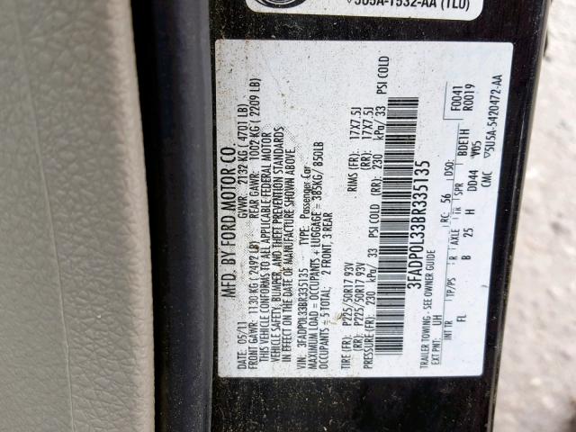 3FADP0L33BR335135 - 2011 FORD FUSION HYB BLACK photo 10