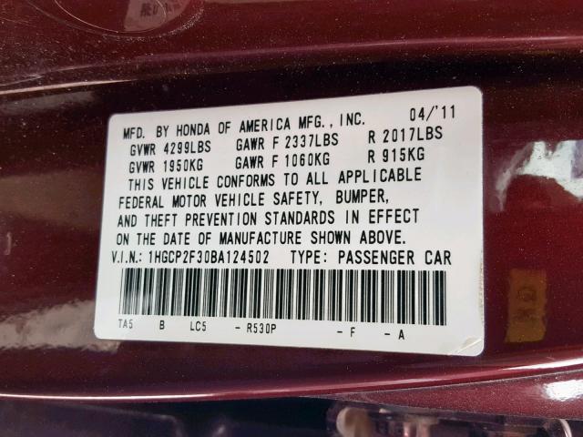 1HGCP2F30BA124502 - 2011 HONDA ACCORD LX MAROON photo 10