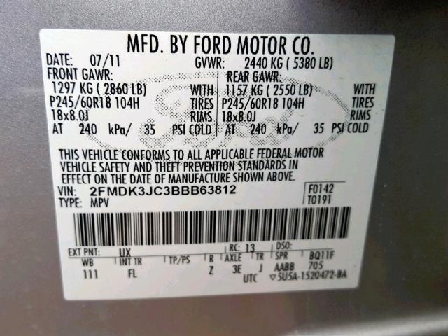 2FMDK3JC3BBB63812 - 2011 FORD EDGE SEL SILVER photo 10